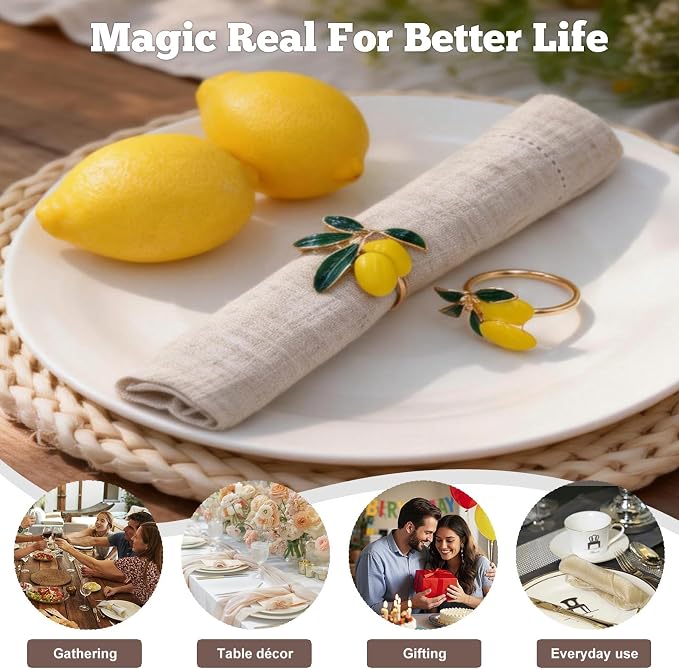 Lemon Napkin Rings Set of 12, Cheerful Gold Napkin Ring Tropical Fruit - Image 5