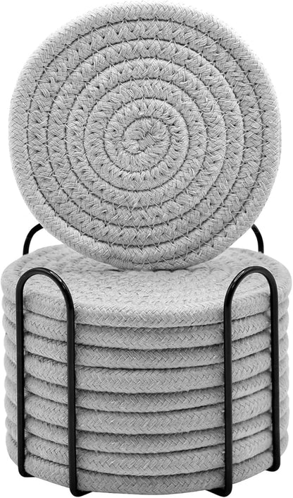 ABenkle Drink Coasters with Holder Set of 10, Cotton Woven Absorbent Coasters for Drinks, Minimalist Home Decor Coaster Set for Wooden Tabletop Protection Table, 4.3 inches