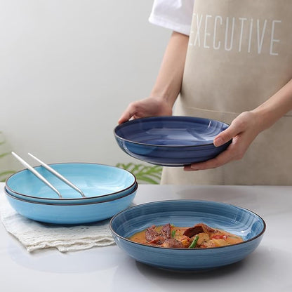 Selamica Ceramic Pasta Bowls Set 34 OZ, Large Salad Bowl 8.6 Inch Deep Plates for Pasta Soup, Microwave & Dishwasher Safe, Set of 6, Gradient Blue
