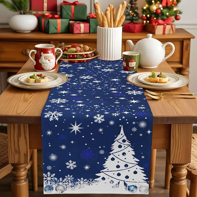 Navy Blue Christmas Tree Table Runner 72 Inches Long, Xmas Balls Snowflake - Image 5