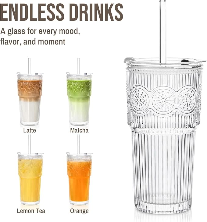 SoulTimes 20oz Ribbed & Floral Glass Tumbler - Image 5