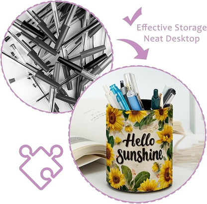 Sunflower Leather Pen Holder for Desk, Desktop Caddy Stationery Organizer for - Image 4