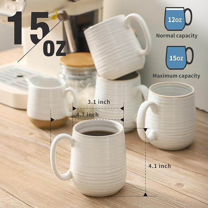 HASENSE Coffee Mugs Set of 6, 15 oz Ceramic Coffee Cups, Clay-Infused White | - Image 2