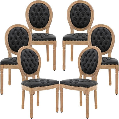 Vintage French Dining Chairs Set of 6, Round Back PU Leather Upholstered Side Chairs with Nailhead Trim and Solid Wood Frame, Sillas de Comedor for Dining Room & Kitchen, Black