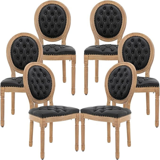 Vintage French Dining Chairs Set of 6, Round Back PU Leather Upholstered Side Chairs with Nailhead Trim and Solid Wood Frame, Sillas de Comedor for Dining Room & Kitchen, Black