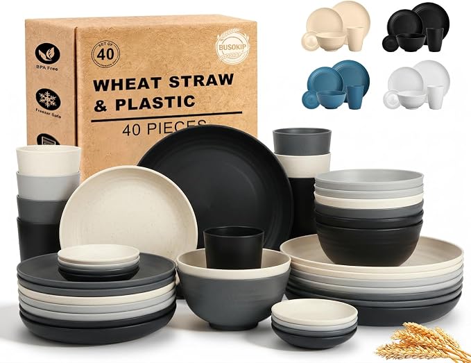 40 Piece Plates and Bowls Sets for 8, Unbreakable Wheat Straw Dinnerware Sets by BUSOKIP