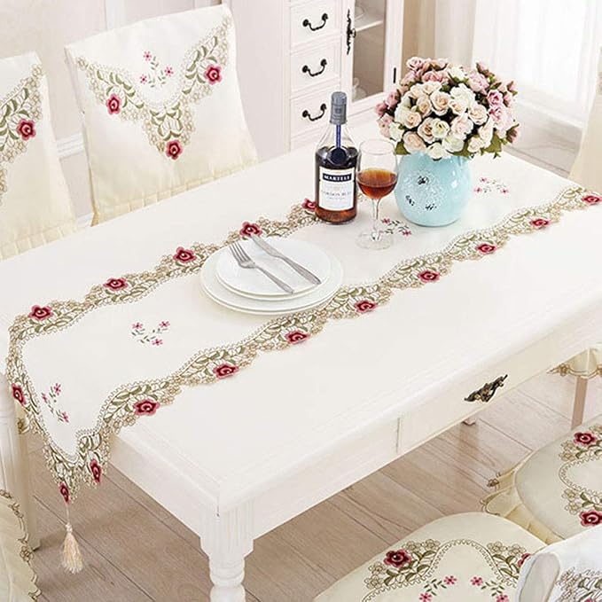 LeLehome 15 Inch X 104 Inch Classic Table Runner Flowers Embroidered Lace Beige - Image 7