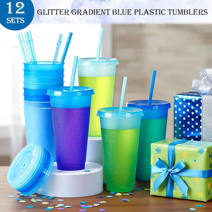 Skylety 12 Pcs Blue Glitter Plastic Cups - Image 4