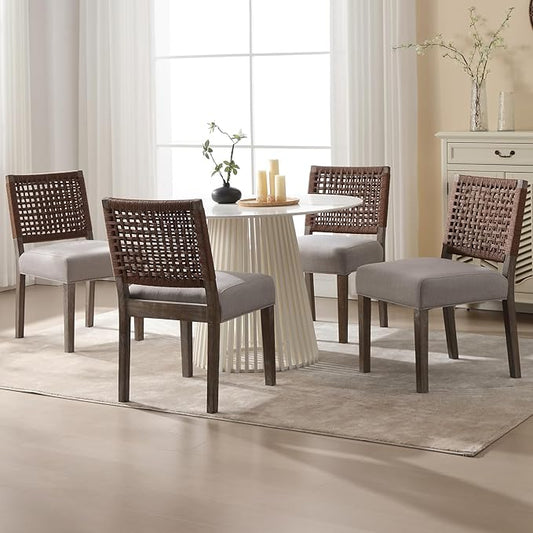 Farmhouse Dining Chairs Set of 4 Linen Fabric Upholstered Accent Side Chair, Mid Century Modern Kitchen & Dining Room Chairs with Woven Rope Back for Home, Living Room, Bedroom - Grey