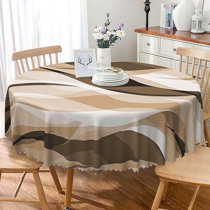Laeacco 36 Inch Brown Modern Round Tablecloth Striped Geometric Abstract Art Print Table Cloth Washable Waterproof Wrinkle Free Table Cover for Kitchen Dining Picnic Party Decoration