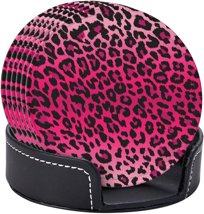 6 Pcs Pink Leopard Print Leather Coasters - Image 3