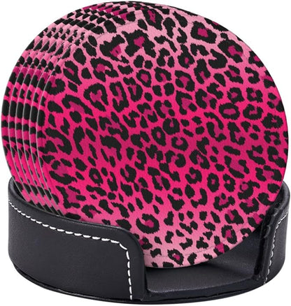6 Pcs Pink Leopard Print Leather Coasters - Image 3