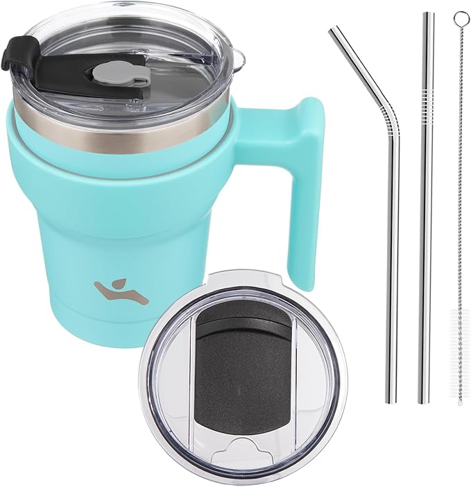 Konokyo 10 oz Tumbler with Handle and Straw, Insulated Travel Mug | Turquoise; by Konokyo