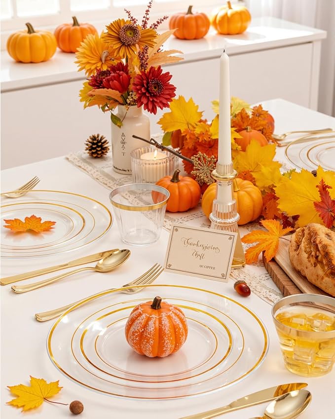 bUCLA 300Pcs Clear Gold Plastic Disposable Dinnerware Set - Image 4