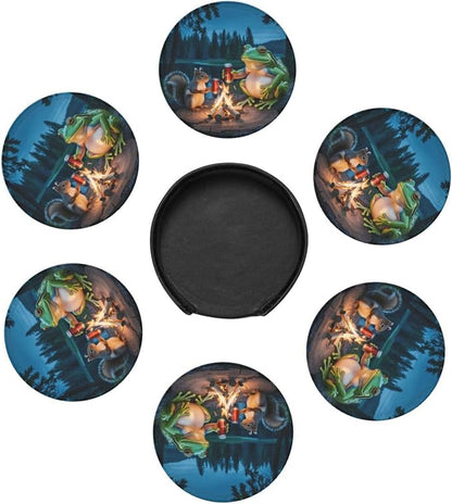Happy Camper Frog Coasters for Drinks Set of 6, Round Leather Coaster - Image 7