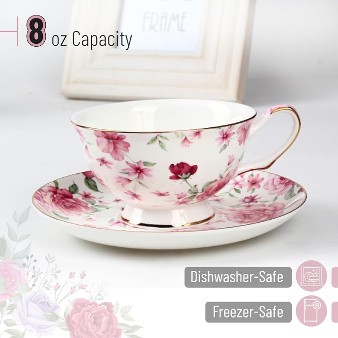 BTaT- Floral Tea Cups and Saucers, 8 oz, Fine Porcelain Teacup Set - Image 3