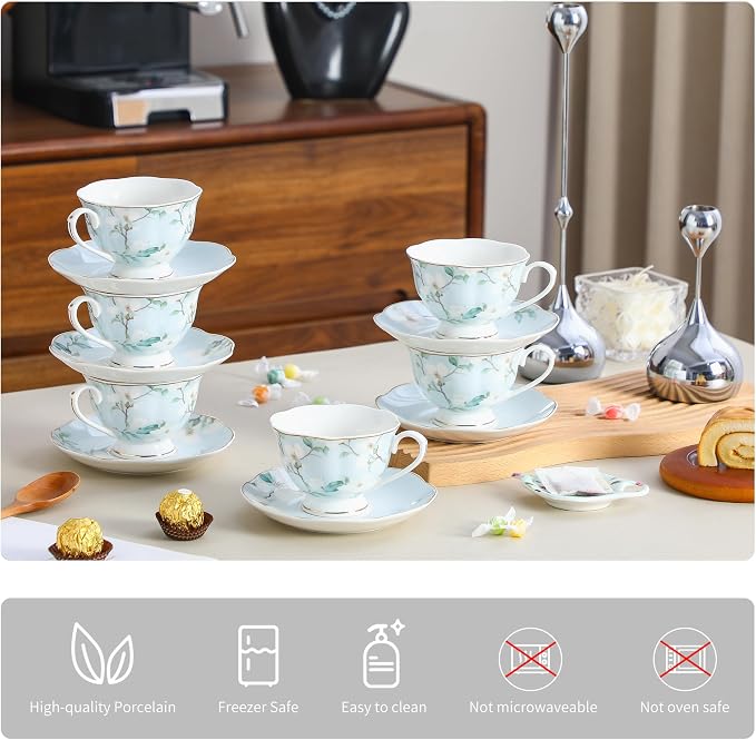 6oz Porcelain Tea Cup & Saucer Set of 6, complete 12-pieces cup & saucer set - Image 3