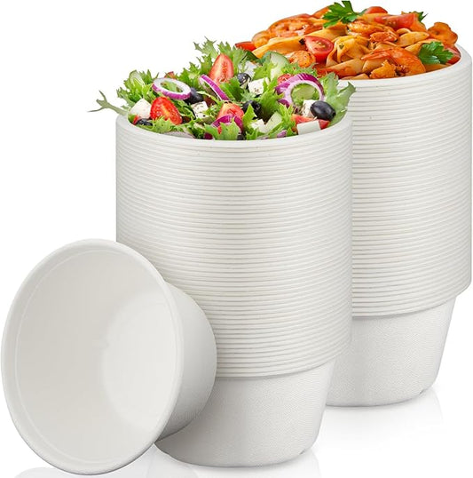 Tessco for you 100 Pack Large Disposable Salad Bowls Deep Heavy Duty Paper Bowls Sugarcane Fiber Compostable Biodegradable Microwave Safe for Hot Cold Soup Ramen Popcorn Pasta(32 oz,White Color)