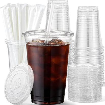 AOZITA 16 oz Plastic Cups with Lids and Straws, 50 Pack, Disposable Iced Coffee by AOZITA