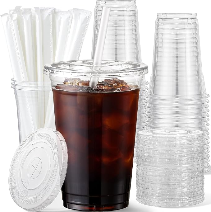 AOZITA 20 oz Plastic Cups with Lids and Straws, 50 Pack, Disposable Iced Coffee by AOZITA