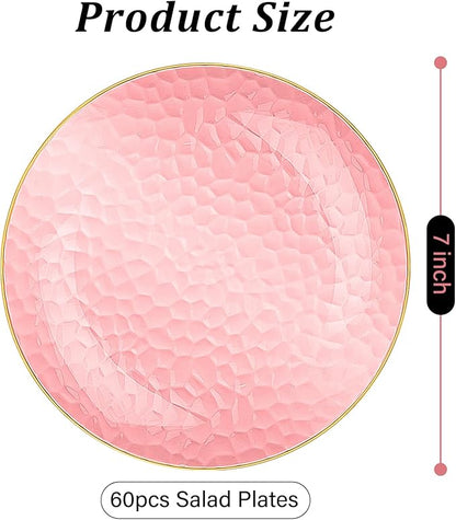 Rubtlamp 60 Pcs Pink Gold Plastic Plates, Gold Hammered Disposable Salad Plates, 7 Inch Disposable Dessert Platos, Plastic Dessert Appetizer Platos Perfect for Mother's Day