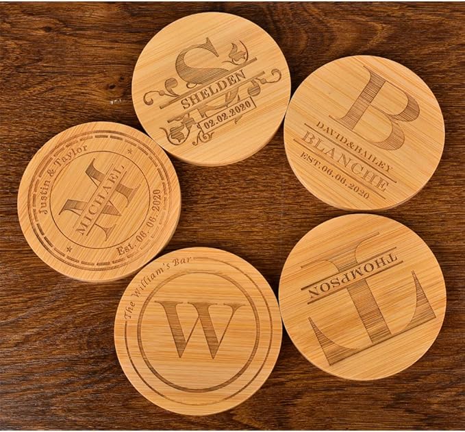 Personalized Coasters, Custom Engraved Coasters, Bamboo Coasters for Drinks, Monogram Coasters with Holder, Great Gifts for Relatives, Friends or Yourself (B, Set of 4)