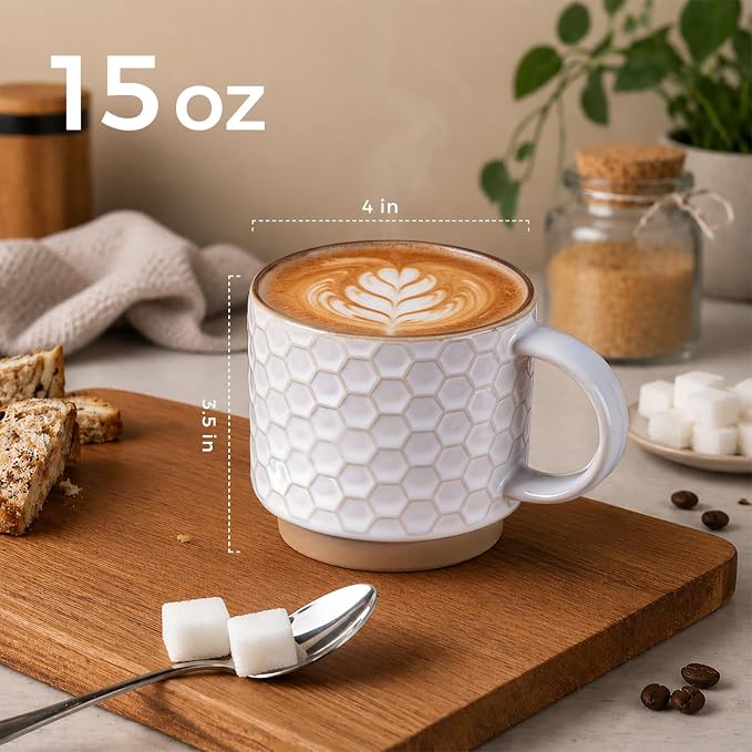 GBhome 15 OZ Stackable Coffee Mugs Set of 4, Ceramic Coffee Cups Set | 4 - Image 3