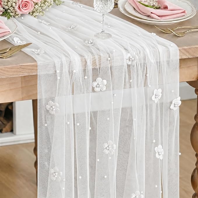 Artoid Mode Flower Pearl White Gauze Table Runner 10FT, Seasonal Sheer Dining by ArtoidMode