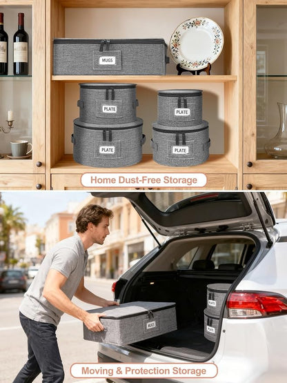 Cirhy China Storage Containers 5-Piece Set - Reinforced Hard-Sided Moving Boxes for Dinnerware, Fine China, Stemware & Mugs - Sturdy Quilted Dish Packing Protectors with Dividers (Service for 12)