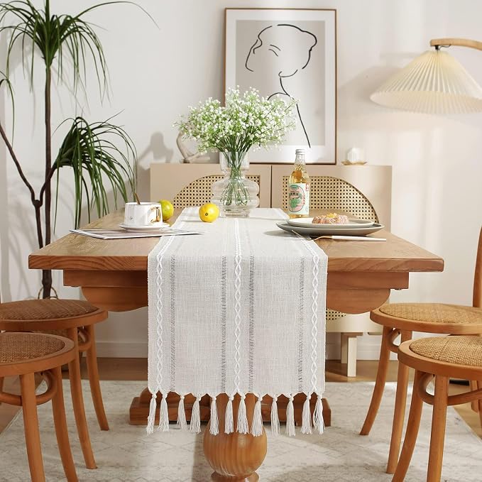 Wracra Rustic Linen Table Runner, Ivory Table Runners 108 inches Long | Raised by Wracra