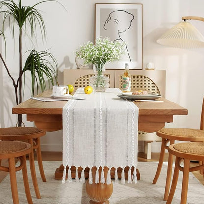 Wracra Rustic Linen Table Runner, Ivory Table Runners 108 inches Long | Raised by Wracra