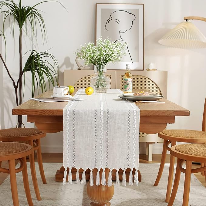 Wracra Rustic Linen Table Runner, Ivory Table Runners 72 inches Long | Raised by Wracra
