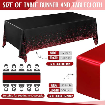Breling 24 Pack Black and Red Disposable Plastic Tablecloths and Satin Table Runner Set, 54 x 108 Inch Tablecloth, 12 x 108 Inch Table Runners for Wedding Graduation Birthday Baby Shower