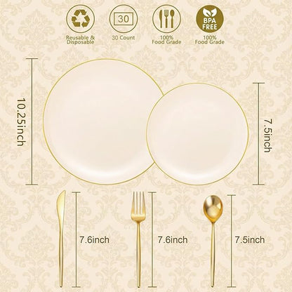 I00000 150Pcs Ivory Plastic Plates with Gold Rim,Nice Disposable plates,Gold Plastic Plates,Ivory Disposable Plates Set include 30 Dinner Plate,30 Dessert Plate,90 plastic Silverware Set for Party