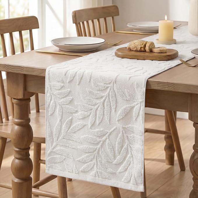 Artoid Mode White Soft 3D Jacquard Leaves 100%Cotton Spring Table Runner - Image 6