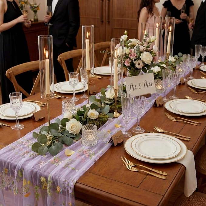 Purple Floral Table Runner 10ft Embroidery Tulle Spring Wildflower Gauze Table - Image 7