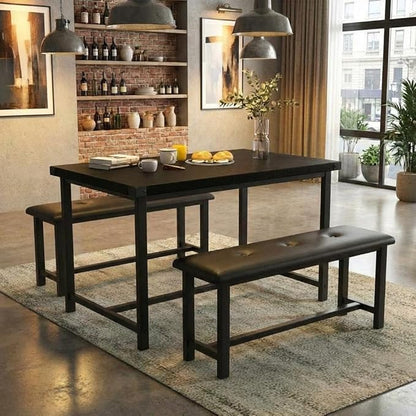 Garvee Dining Table with 2 Benches, Kitchen Table with 2 Upholstered Benches, 3 Piece Dining Table Set Space Saving for Apartment, Kitchen, 44.48" l x 27.58" w x 29.58" h, Black