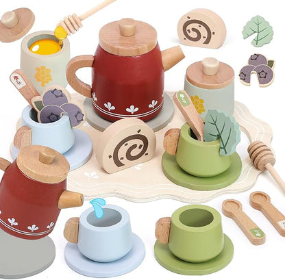 Wooden Tea Set for Little Girls, Play Food Sets for Kids Pretend Play Kitchen by Masonbaby