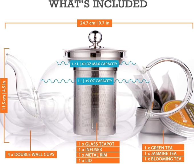 Glass Teapot Set with 4 Double Wall Tea Cups & Removable Stainless Steel Infuser - Image 4