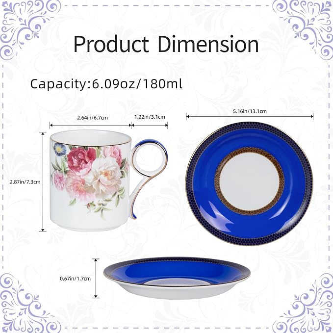 KAMMAK Tea Cups and Saucers Set of 2, Porcelain Coffee Cups, JBE015 | Stackable - Image 2