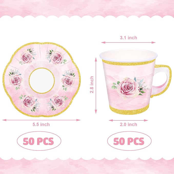 100 Pcs Paper Tea Cups and Plates Pink Floral Disposable Paper Teacups and - Image 2