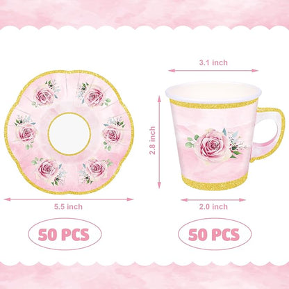 100 Pcs Paper Tea Cups and Plates Pink Floral Disposable Paper Teacups and - Image 2