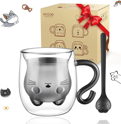 ecooe Cute Cat Mug Glass Coffee Cup 9.8oz Double Walled Glass Mug Cappuccino by ecooe