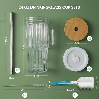 24oz Ribbed Glass Tumbler With Handle, Reusable Glass Iced Coffee Cups With lids - Image 4