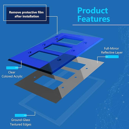 LIDER Reflective Acrylic Decorator Wall Plate, Mirrored Light Switch Plate, Plexiglass Outlet Cover, Acrylic Glass, Oversized 3-Gang 5.25" x 7.06", LWP-33O-ABL, Blue