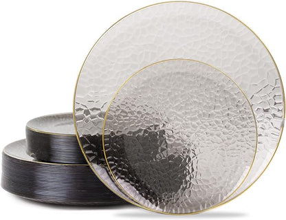 Hioasis 60pcs Black Plastic Plates - Gold Rimmed Disposable, Hammered, Heavy-duty Dinnerware Set Suitable for 30 Guests, 10.25" Dinner & 7.5" Dessert Plates for Party & Wedding