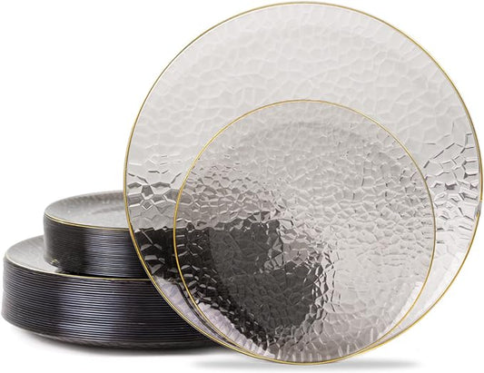 Hioasis 60pcs Black Plastic Plates - Gold Rimmed Disposable, Hammered, Heavy-duty Dinnerware Set Suitable for 30 Guests, 10.25" Dinner & 7.5" Dessert Plates for Party & Wedding