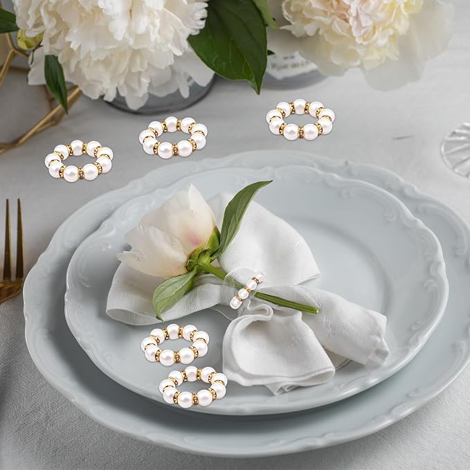 120 Pcs Pearl Napkin Rings Imitation Pearl Beaded Napkin Rings Holder Gold - Image 5