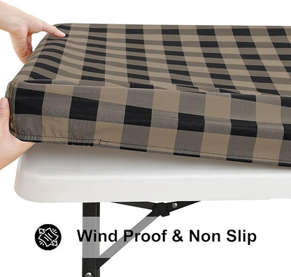 Smiry Rectangle Picnic Table Cloth, Elastic Waterproof Fitted Vinyl Tablecloths, Flannel Backed Buffalo Plaid Table Covers for Dining, Camping, Outdoor (Black and Khaki, 30" x 48")