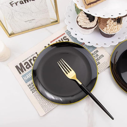 I00000 144Pcs Black and Gold Dessert Plate Set, Including 72Pcs Black and Gold Plastic Plates 7.5" and 72Pcs Disposable forks 8.5", Fancy Salad Plates with Gold Rim for Thanksgiving and Party
